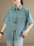 Cute Leaf Patch Button Up Lapel Retro Plaid Shirt for Women