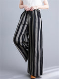 Retro Black Grey Stripes Cozy Linen Wide Leg Pants for Women