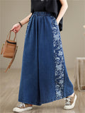 Women's Plants Flower Print Patchwork Wide Leg Jeans