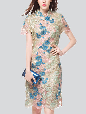 Female Spring Summer Elegant Contrast Color Flower Embroidery Qipao