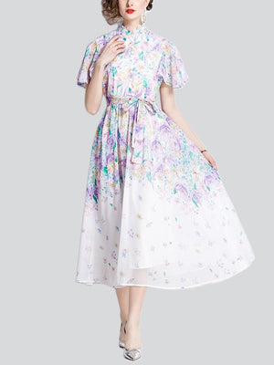 Sweet Stand Collar Flutter Sleeve Print Chiffon Dress for Lady