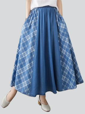Women's Casual Plaid Patchwork Denim Pleated Skirt