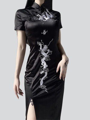 Female Loong Embroidered Side Slit Dress