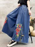 Female Ethnic Style Peony Embroidered Denim Wide Leg Pants