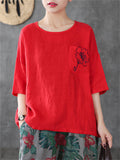 Chest Pocket Flower Embroidery Half Sleeve Loose Shirt for Women