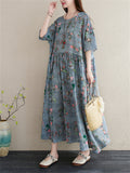 Women's Peach Blossom Print Round Neck Half Sleeve Cotton Dress