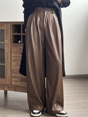 Women's Cool Semi-elastic Floor Length PU Leather Trousers