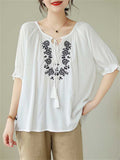 Casual Tassel Lace Up Dandelion Embroideried Shirt for Women