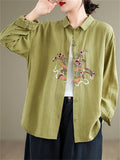 Women's Vibrant Flowers Embroidered Turn-down Collar Shirt