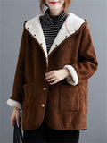 Women's Winter Keep Warm Plush Lining Corduroy Hooded Coat