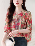 Elegant Tiny Rhinestone V Neck Flowy Floral Print Shirt for Ladies