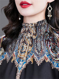 Women's Elegant Print Round Neck Puff Sleeve Black Shirt