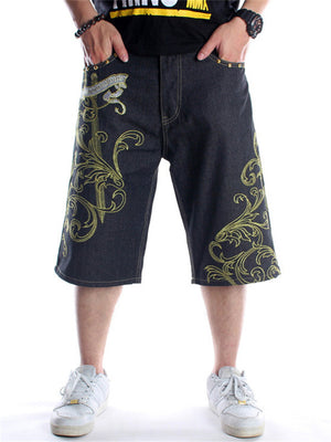 Gold Floral Pattern Wings Embroidered Men's Cropped Jeans