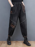 Orange Mini Floral Print Elastic Waist Black Jeans for Women