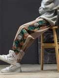 Side Floral Embroidery Elastic Waist Vintage Pants for Men