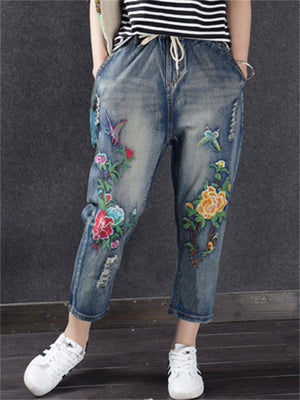 Vintage Floral Ripped Elastic Waist Blue Jeans for Lady