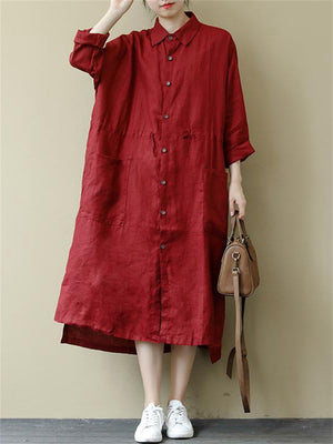 Women's Vintage Red Lapel Button Up Mid-Length Shirt Dress