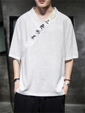 Men's Retro Linen V Neck Hanzi Embroideried Summer Shirt