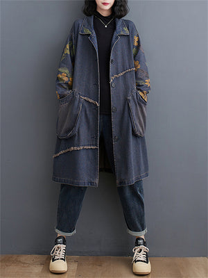 Female Vintage Washed Loose Mid Length Denim Coat