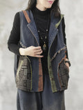 Women's Retro Patchwork Sleeveless Hooded Denim Jacket