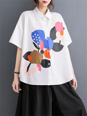 Fashion Personality Print Short Sleeve Button Shirt for Women