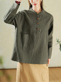 Female Simple Stand Collar Short Sleeve & Long Sleeve Linen Shirts