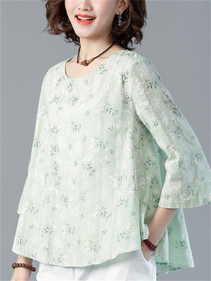 Women's Mini Flower Print 3/4 Sleeve Oversized Shirt