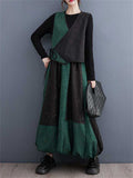 Casual Black Green Contrast Color Lace Up Vest + Lantern Skirt