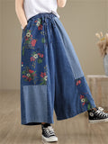 Summer Daisy Print Patchwork Design Blue Jeans for Women