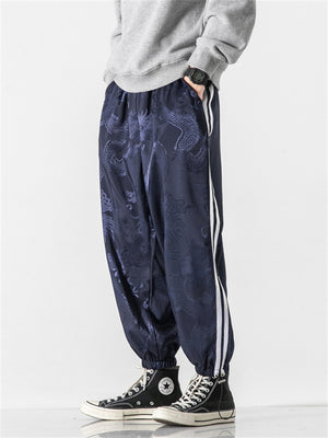 Male Chinese Style Loong Print Striped Ice Silk Pants