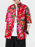 Male Flower Peacock Printed Short Sleeve Shirt