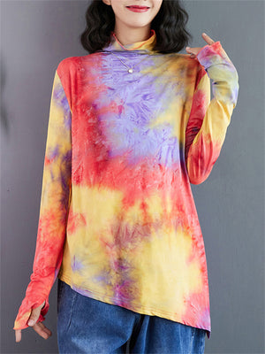 Women's Stylish Tie-Dye Turtleneck Irregular Hem Shirt