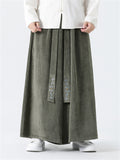 Men's Vintage Corduroy Wide Leg Pants with Floral Embroidery Strap