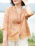 Female Cozy Cotton Linen V-neck Half Sleeve Floral Shirt