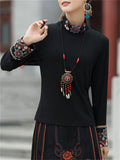 Ethnic High Neck Flower Embroidery Black Shirt for Women