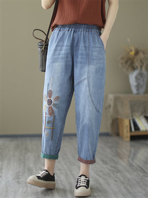 Women's Casual Floral Embroidery Blue Washed Denim Pants