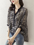 Women's Elegant V-Neck Printed Button Trim Loose Shirts