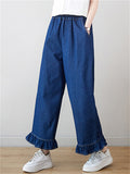 Women's Ruffled Leg Cuff Blue Straight Leg Jeans