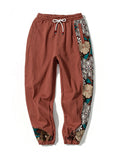 Side Floral Embroidery Elastic Waist Vintage Pants for Men