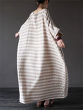 Relaxed Stripe Round Neck Cotton Linen Long Dress for Lady