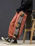 Side Floral Embroidery Elastic Waist Vintage Pants for Men