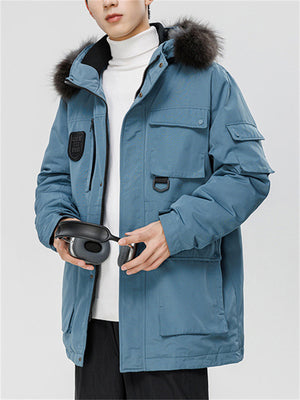 Men's Cargo Hooded Fur Collar White Duck Down Coats