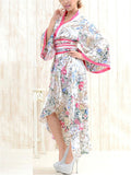 Women's Sweet V Neck Wide Sleeve Ruffled Hem Floral Kimono