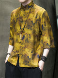 Men's Summer Lotus Print Stand Collar Half Sleeve Shirt