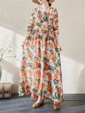 Orange Green Leaf Print Spring Loose Dress for Women