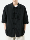 Men's Plain Cotton Linen Tassel Button Summer Tang Suit Shirt