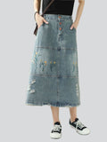 Ladies Floral Embroidered Ripped Vintage Denim Skirt