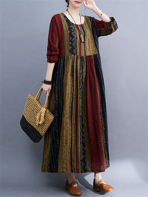 Ethnic Style Multicolor Stripe Round Neck Holiday Dress for Lady