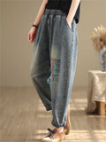 Women's Elastic Waist TR Patch Letter Embroidered Jeans