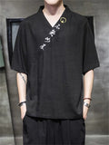 Men's Retro Linen V Neck Hanzi Embroideried Summer Shirt